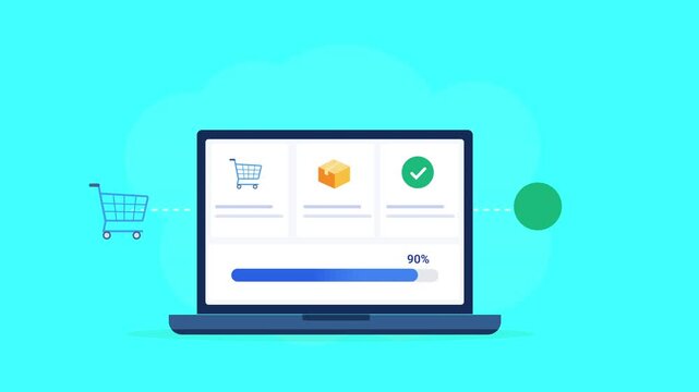 Animated flat vector illustration of a laptop displaying an ecommerce order management dashboard with shopping cart, package, and verification icons. Modern online retail, order processing, and busine