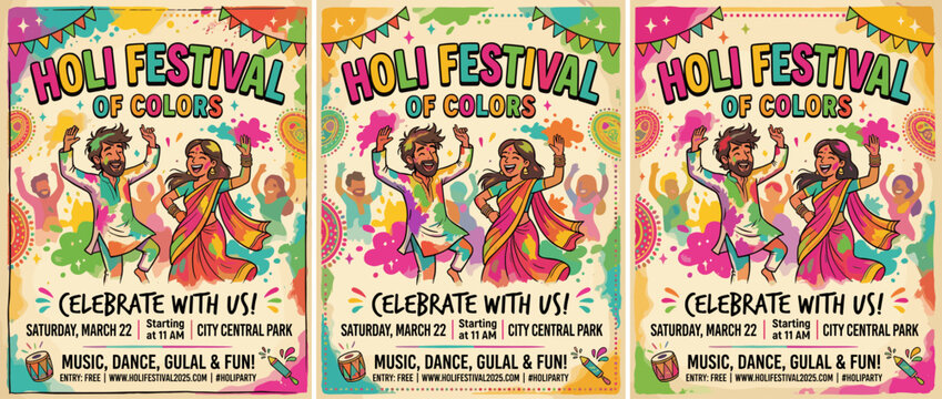 Colorful Holi festival poster with dancing people celebrating spring traditions.