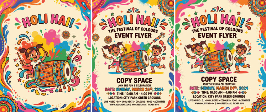 Colorful Holi festival flyer with dancing crowd and paint splashes.