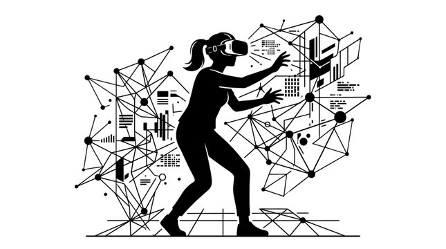 Virtual reality, futuristic woman, black silhouette, geometric background, technology concept silhouette
