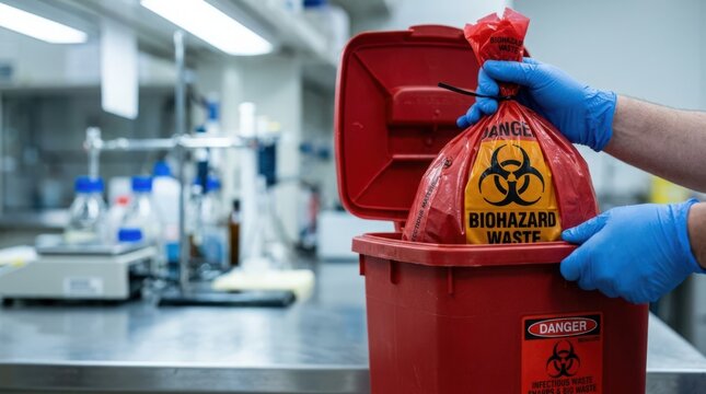 Proper disposal of biohazard waste in red container with gloved hands, showcasing safety protocols in laboratory setting and promoting safe handling of hazardous materials for health guidelines.