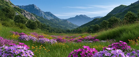 Obraz premium A vibrant 3D valley filled with blooming wildflowers under bright sunlight, perfect for nature adventure promotions.
