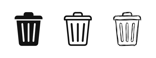 Trash can garbage bin icon set in three styles © drawing lines