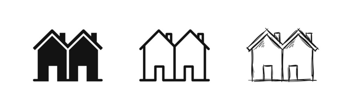 Set of duplex house icons in different styles, flat, line and hand-drawn