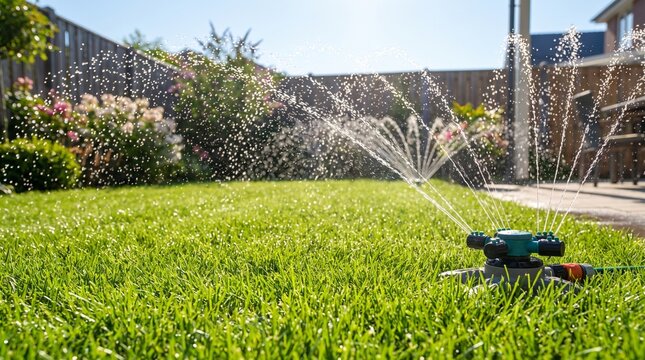 Garden sprinkler system spraying water across a lush green lawn for summer garden maintenance  