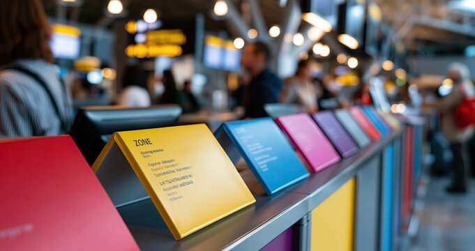 In a bustling airport terminal, a vibrant check-in counter features distinct zone markers and flight information for travelers.