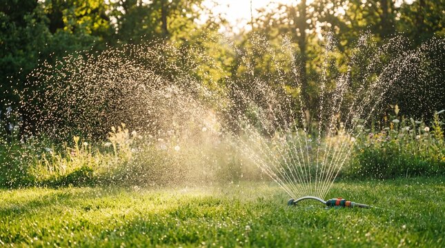 Garden sprinkler spraying water over green lawn during summer evening  
