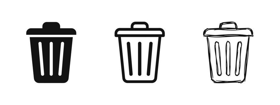 Trash can garbage bin icon set in three styles
