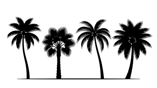 Palm Trees Standing on a Beach with Silhouettes Against a White Background Featuring Silhouette, Tropical, Vacation with Holiday