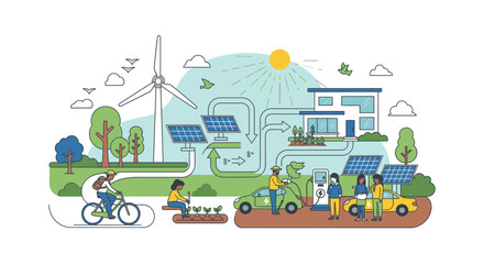 Naklejka premium Sustainable smart city with solar panels and electric vehicle.