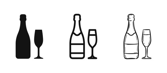 Champagne bottle and glass icons in solid, outline, and sketch styles © drawing lines