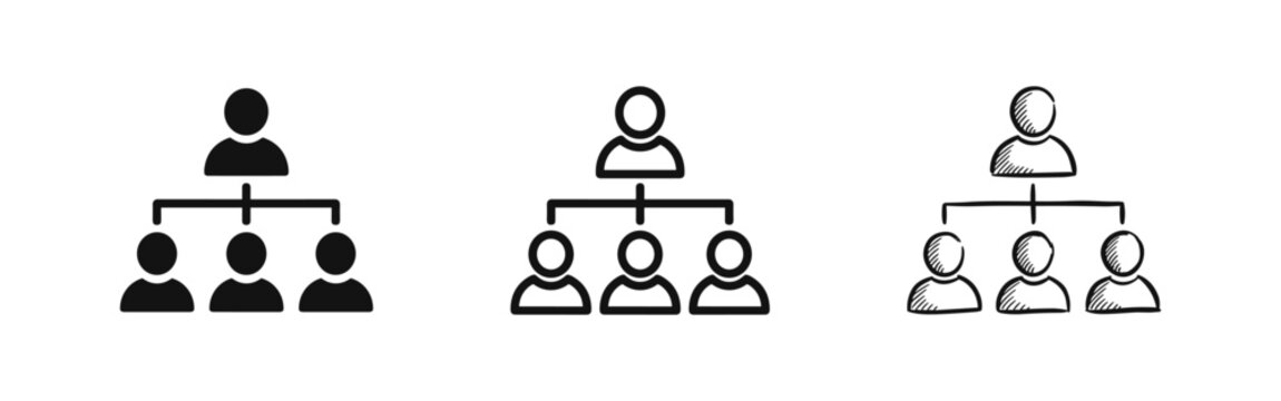 Organizational structure chart icons in solid, outline, and sketch styles