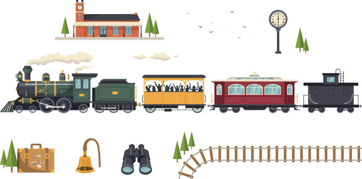 Vintage Steam Locomotive Train Set with Passenger Carriages, Railroad Station, Track, Suitcase, and Retro Travel Elements for Adventure Graphic Designs