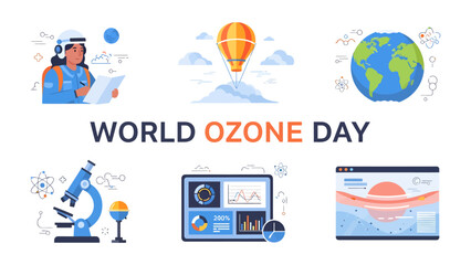 Fototapeta premium World Ozone Day Collage: A vibrant collage illustrating key elements of World Ozone Day, featuring scientific research, environmental awareness, and global collaboration for ozone layer protection.