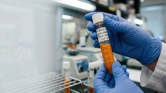 Laboratory test tube held by gloved hand showcasing orange liquid in modern lab environment. Test tube analysis involves precise measurements and experiments with various substances.