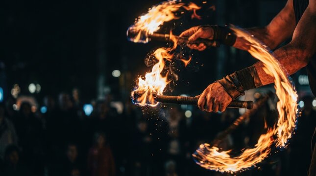Fire performance with mesmerizing flames and skilled twirling by an artist during nighttime show. Fire display captivates audience in dark surroundings, creating an exciting atmosphere for events.