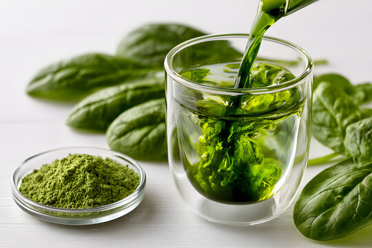 Chlorophyll extract poured into a glass of water with green powder in a petri dish, spinach leaves on white background. wheatgrass juice, superfood juice, healthy drink for detox.