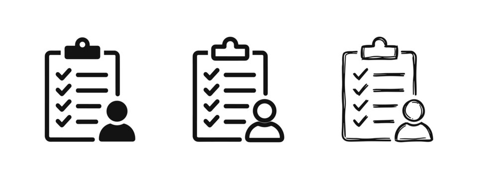 Clipboard with person and check list icon set in three styles