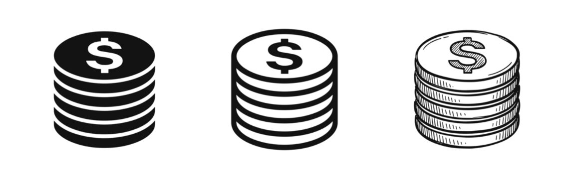 Stack of dollar coins icon set in flat, outline and sketch styles