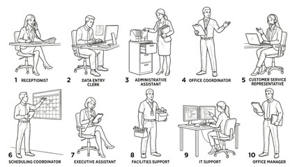 Obraz premium Administration & Support Staff Poses Line Art Collection | 10 Premium Hospital Workflow Vector Pack