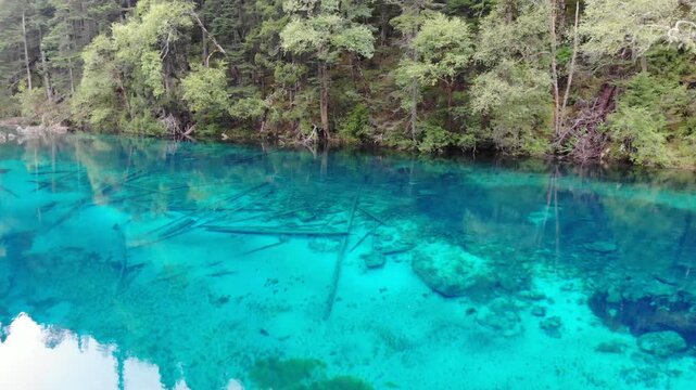 Aerial View of Close-up of Wucai Pool in Jiuzhaigou Sichuan China