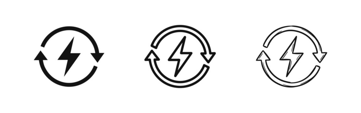 Renewable energy cycle icons with a lightning bolt and circular arrows, symbolizing sustainable power.