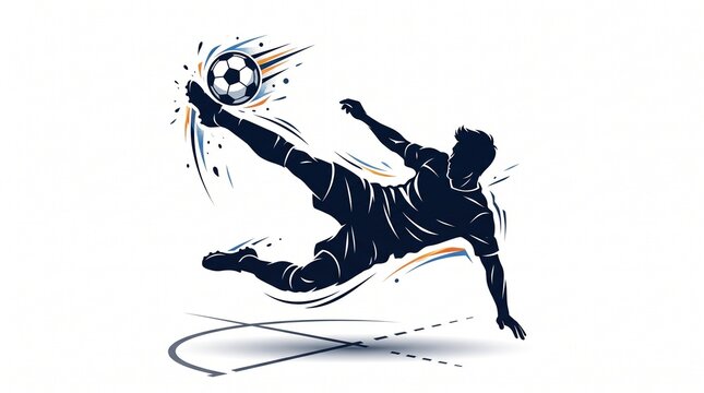 Dynamic illustration of a soccer player in mid-air performing a bicycle kick, with motion lines and a soccer ball exploding into abstract shapes