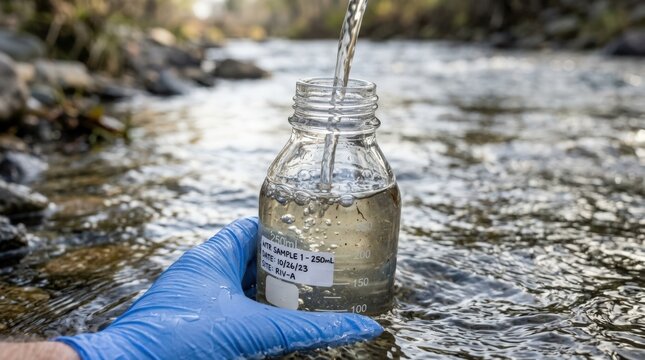 Water sampling from stream in clear jar for environmental testing. Hand wearing blue glove holds jar while filling it with fresh water from stream.