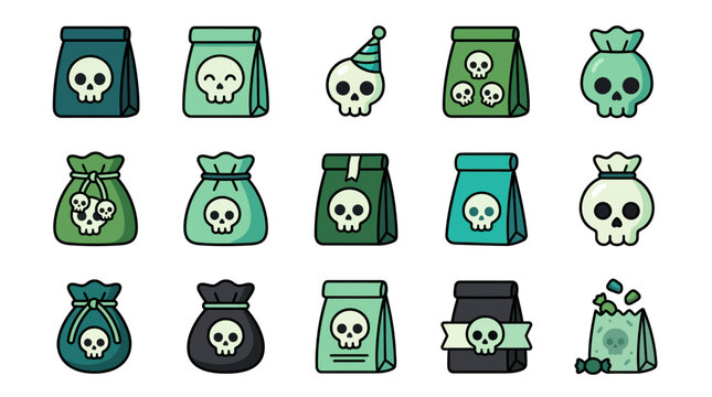 Colorful illustration of skulls and money bags with various designs on white background hell 253