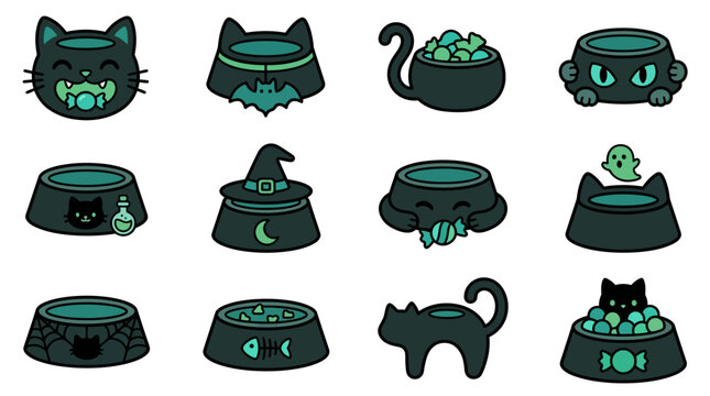 Halloween cat food bowls and witch cauldron illustrations with spooky feline designs on hell theme.