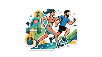 Fototapeta premium Active couple running with fitness icons and abstract background elements