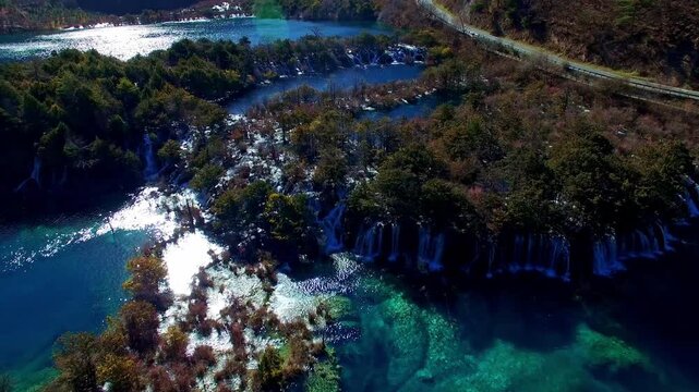 Aerial View of Interlaced Streams and Waterfalls in Jiuzhaigou Sichuan China