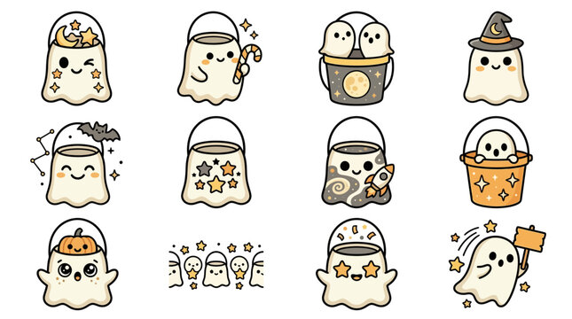 Cute ghost illustrations celebrate Halloween with festive stickers and decorations yu (1)