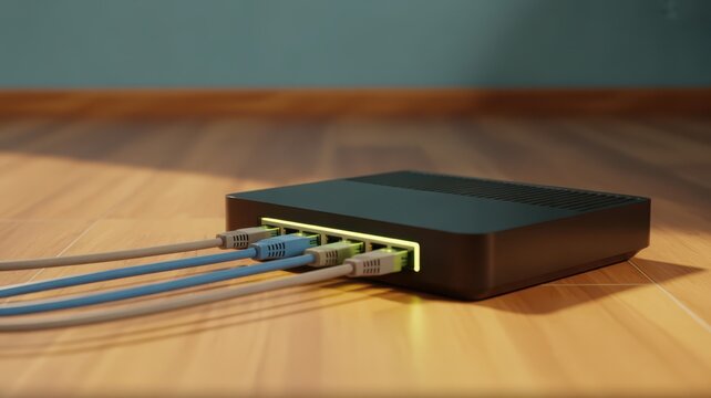 High speed network switch with connected ethernet cables on wooden floor background
