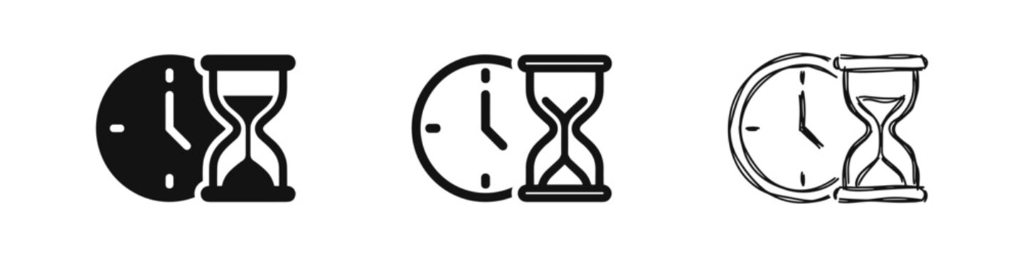 Set of three clock and hourglass icons: glyph, outline, and sketch style