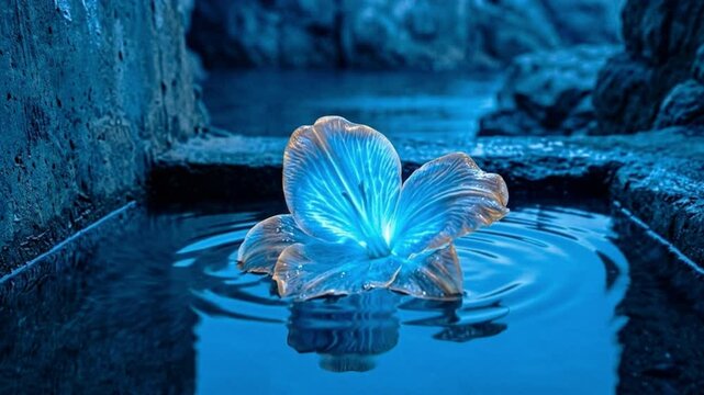 Abstract 3D animation of a magical glowing blue flower floating on dark still water within a mysterious stone cave