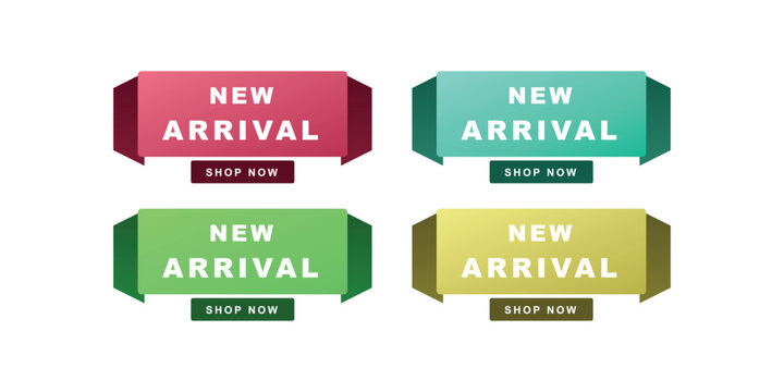 Set of colorful new arrival ribbon banners with shop now buttons for retail promotion web.