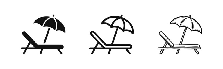 Obraz premium Set of beach chair and umbrella icons in solid, outline, and sketch styles