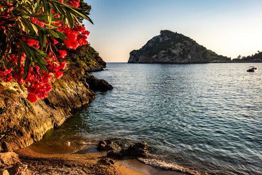 Paleokastritsa beach, Corfu, Greece. A view of Paleokastritsa beach on Corfu, Greece, one of the Island's most popular resorts.