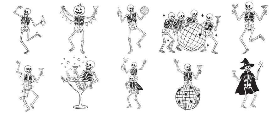 Halloween Skeleton Party Clipart Bundle &ndash; Dancing Skeletons, Disco Ball, Cocktails, Witch, Pumpkin, Spooky Set