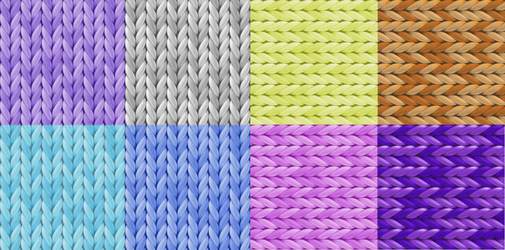 Knit texture backgrounds, colorful patchwork patterns, fabric swatches, textile designs