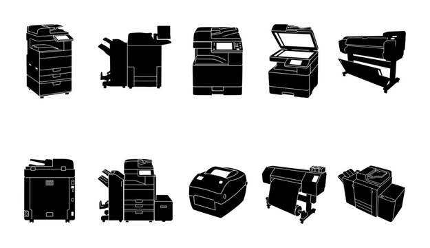 Professional Office Printer and Photocopier Silhouette Set featuring Ten Different Modern Printing Equipment Icons