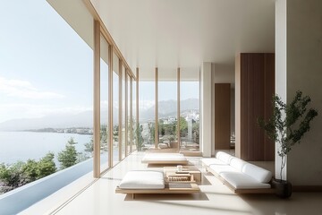 Obraz premium Stylish coastal home with bright interiors and large windows capturing stunning ocean views.