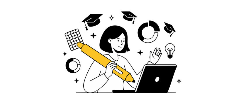 Online learning student using laptop to study for online course exam, female creator holding big yellow pencil with abstract education icons, line art vector illustration style for e-learning success.