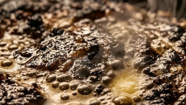Grilled meat sizzling with bubbling oil and steam rising close up juicy charred texture rich cooking process intense heat savory aroma flavor frying hot oil browning textures appetizing scene warmth