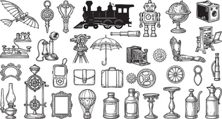 Obraz premium Retro Vintage Innovations and Antique Inventions Doodle Set, Hand-Drawn Vector Industrial Revolution Steampunk Technology Engraving.