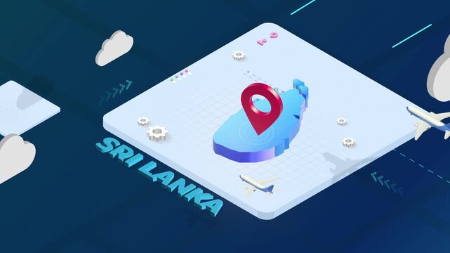 Isometric 3D Render of Sri Lanka Map with Red Location Pin Pointer and Floating Airplanes