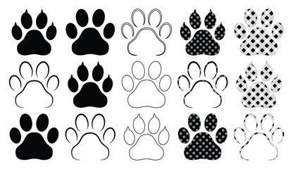 Fototapeta premium Dog paw print vector set, black and white animal footprint collection, pet paw silhouette and outline icons, animal track graphics for branding and design projects