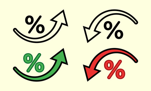 Interest rate fluctuation icons with up and down percentage arrows for financial market analysis and economic inflation tracking