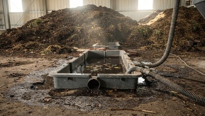 Fototapeta premium Medium shot showing plastic sumps installed in a compost facility collecting leachate runoff designed for easy transport and recycling of nutrientrich water.